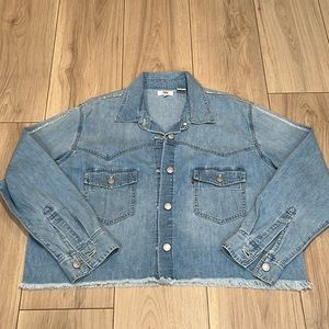 Levi’s Light Wash Cropped Fringe Hem Denim Shirt with Rhinestone Trim